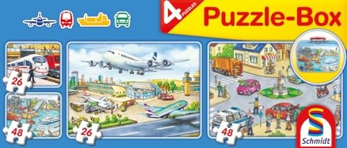 Puzzeldoos met afbeeldingen van verschillende transportmiddelen zoals treinen, vliegtuigen en boten.