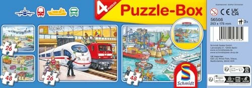 Vier puzzels met transportthema, inclusief treinen, vliegtuigen en schepen.