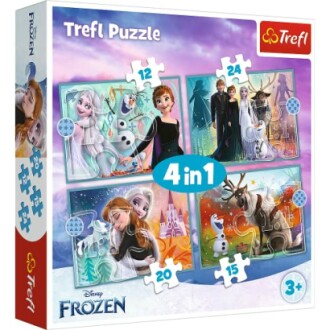 Vier Frozen puzzels in één doos voor kinderen vanaf 3 jaar.