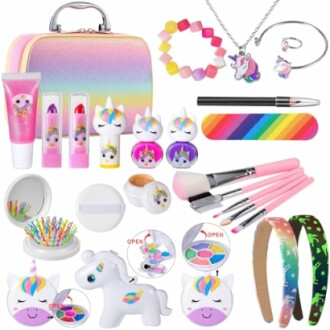 Unicorn make-up set voor kinderen met accessoires en sieraden.