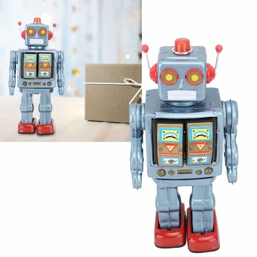 Vintage speelgoedrobot met een cadeau op achtergrond