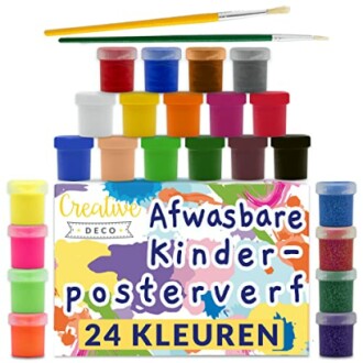 Set van afwasbare kinderposter verf met 24 kleuren en kwasten.