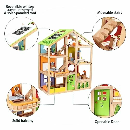 Houten poppenhuis met omkeerbaar dak, beweegbare trap, stevig balkon en openende deur.