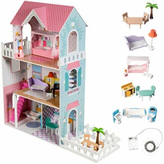 Houten poppenhuis met meubels en accessoires voor kinderen.