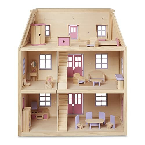 Houten poppenhuis met meubels.