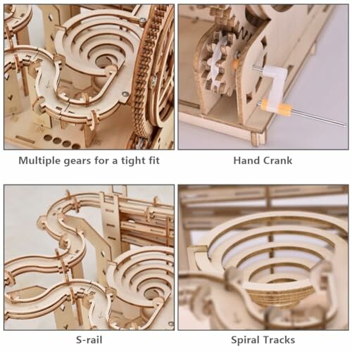 Houten knikkerbaan met tandwielen en spiraalbanen