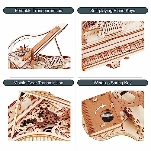 Houten pianomodel met opwindmechanisme en zichtbare tandwielen.