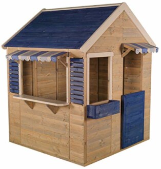 Houten speelhuisje met blauw dak.