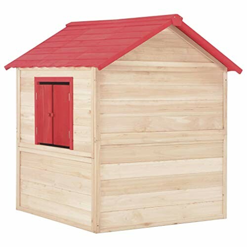 Houten speelhuisje met rood dak en raam.