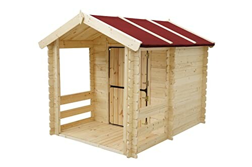 Houten speelhuisje met rood dak.