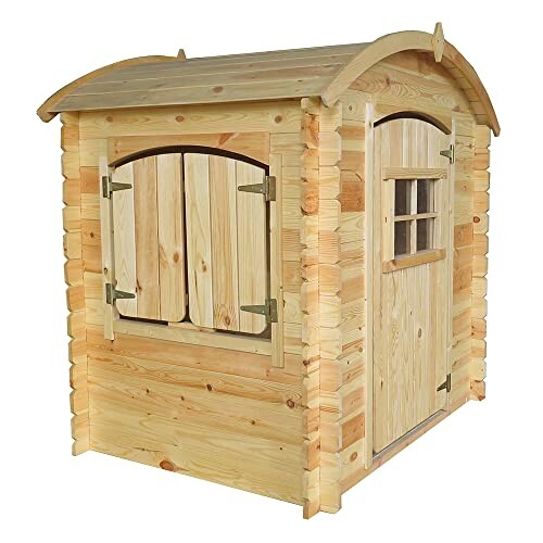 Houten speelhuisje voor kinderen met deur en raam.