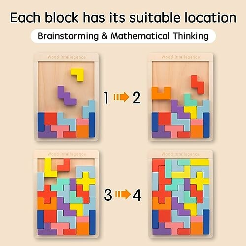 Vier puzzels met gekleurde houten blokken voor brainstormen en wiskundig denken