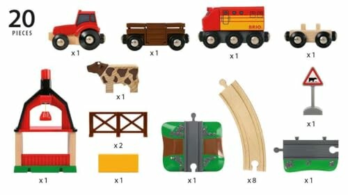 Houten speelgoedtreinset met tractor, trein, koe en rails.