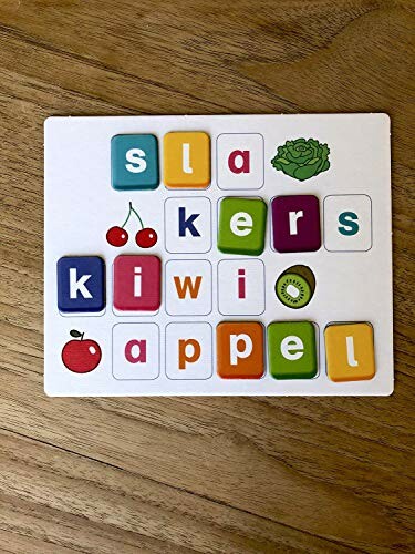 Woordpuzzel met letters en afbeeldingen van fruit en groenten.