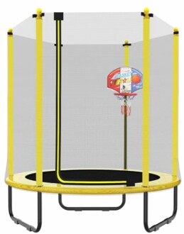 Gele trampoline met basketbalring en net