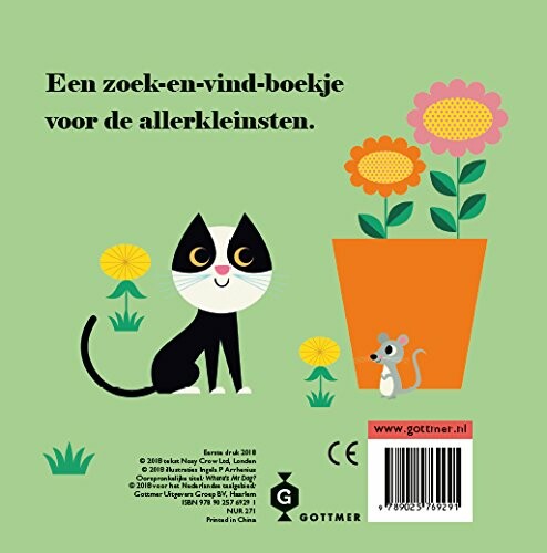 Achterkant van een kinderboek met kat, muis en bloemen